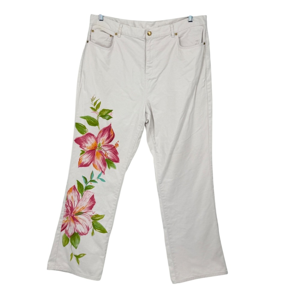 Lauren Jeans Co Ralph Lauren 16W Off White Floral Straight Leg Jeans Artsy
